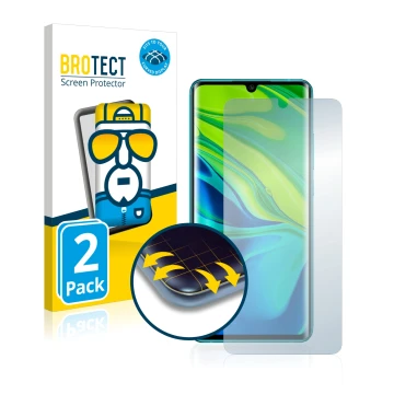 Face avant d’un emballage produit avec le logo de la marque BROTECT. À côté, l’appareil Xiaomi Mi Note 10 est représenté avec 