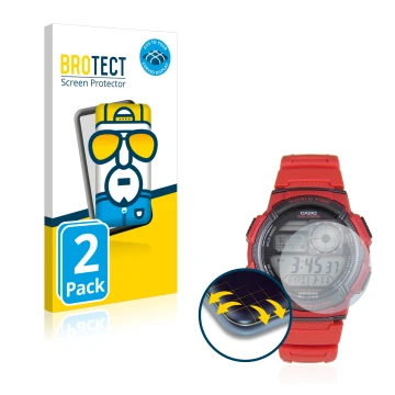 Face avant d’un emballage produit avec le logo de la marque BROTECT. À côté, l’appareil Casio AE-1000W est représenté avec la 