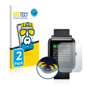 Face avant d’un emballage produit avec le logo de la marque BROTECT. À côté, l’appareil Huami Amazfit Bip S est représenté ave