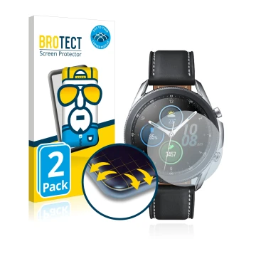Face avant d’un emballage produit avec le logo de la marque BROTECT. À côté, l’appareil Samsung Galaxy Watch 3 (41mm) est repr