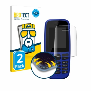 Face avant d’un emballage produit avec le logo de la marque BROTECT. À côté, l’appareil Nokia 105 DS 2019 est représenté avec 