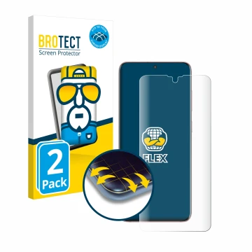 Face avant d’un emballage produit avec le logo de la marque BROTECT. À côté, l’appareil Samsung Galaxy S20 5G est représenté a