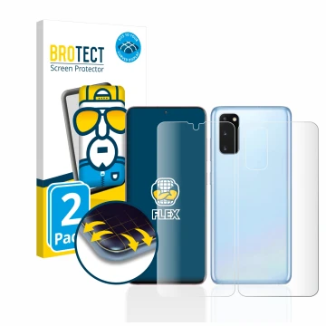 Face avant d’un emballage produit avec le logo de la marque BROTECT. À côté, l’appareil Samsung Galaxy S20 5G (Avant+Arrière) 