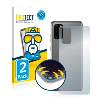 Face avant d’un emballage produit avec le logo de la marque BROTECT. À côté, l’appareil Samsung Galaxy S20 Plus 5G (Arrière) e