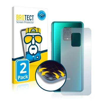 Face avant d’un emballage produit avec le logo de la marque BROTECT. À côté, l’appareil Xiaomi Redmi Note 9 Pro (Arrière) est 