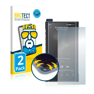 Face avant d’un emballage produit avec le logo de la marque BROTECT. À côté, l’appareil FiiO M15 est représenté avec la protec