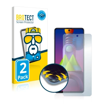 Face avant d’un emballage produit avec le logo de la marque BROTECT. À côté, l’appareil Samsung Galaxy M51 est représenté avec