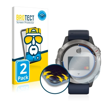 Face avant d’un emballage produit avec le logo de la marque BROTECT. À côté, l’appareil Garmin quatix 6 est représenté avec la