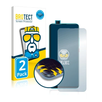 Face avant d’un emballage produit avec le logo de la marque BROTECT. À côté, l’appareil Xiaomi Poco F2 Pro est représenté avec