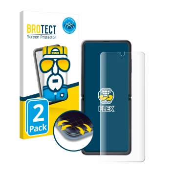 Face avant d’un emballage produit avec le logo de la marque BROTECT. À côté, l’appareil Samsung Galaxy Z Flip 5G est représent