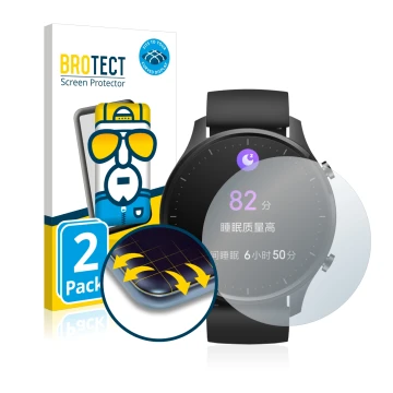 Face avant d’un emballage produit avec le logo de la marque BROTECT. À côté, l’appareil Xiaomi Mi Watch Revolve est représenté