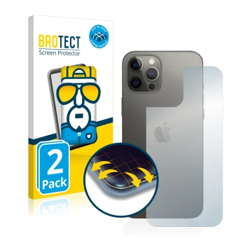 Face avant d’un emballage produit avec le logo de la marque BROTECT. À côté, l’appareil Apple iPhone 12 Pro Max (Arrière) est 
