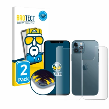 Face avant d’un emballage produit avec le logo de la marque BROTECT. À côté, l’appareil Apple iPhone 12 Pro Max (Avant+Arrière
