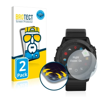 Face avant d’un emballage produit avec le logo de la marque BROTECT. À côté, l’appareil Garmin Tactix Delta Solar est représen