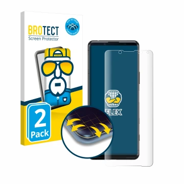 Face avant d’un emballage produit avec le logo de la marque BROTECT. À côté, l’appareil Sony Xperia 5 II est représenté avec l