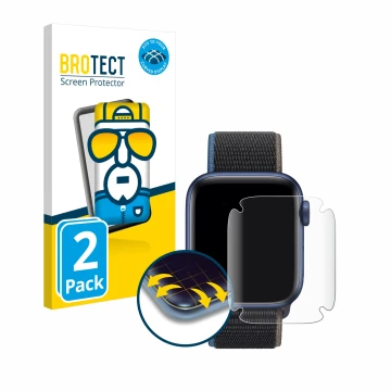 Face avant d’un emballage produit avec le logo de la marque BROTECT. À côté, l’appareil Apple Watch Series 6 (40 mm) est repré