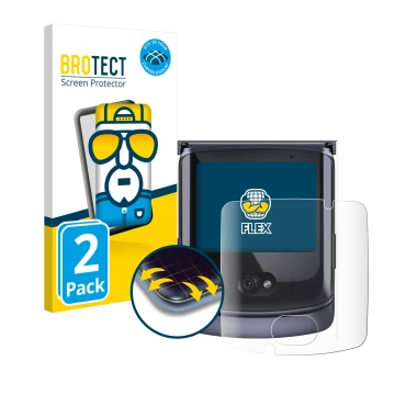 Face avant d’un emballage produit avec le logo de la marque BROTECT. À côté, l’appareil Motorola Razr 5G 2020 (Affichage avant