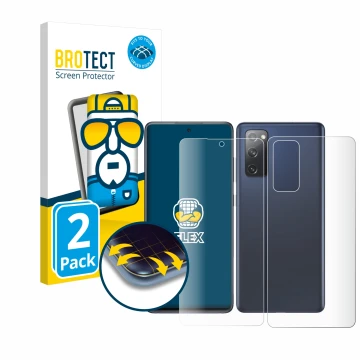 Face avant d’un emballage produit avec le logo de la marque BROTECT. À côté, l’appareil Samsung Galaxy S20 FE 5G (Avant+Arrièr