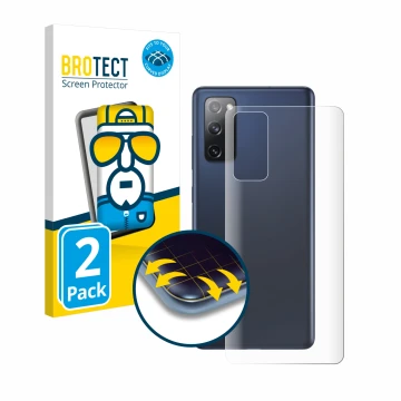 Face avant d’un emballage produit avec le logo de la marque BROTECT. À côté, l’appareil Samsung Galaxy S20 FE 5G (Arrière) est
