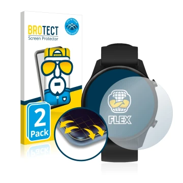 Face avant d’un emballage produit avec le logo de la marque BROTECT. À côté, l’appareil Xiaomi Mi Watch 2021 est représenté av