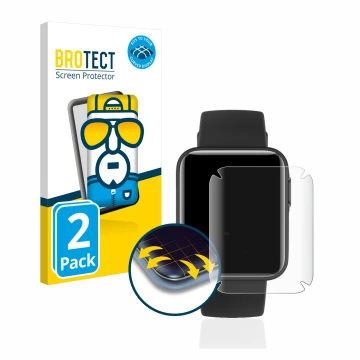 Face avant d’un emballage produit avec le logo de la marque BROTECT. À côté, l’appareil Xiaomi Mi Watch Lite est représenté av