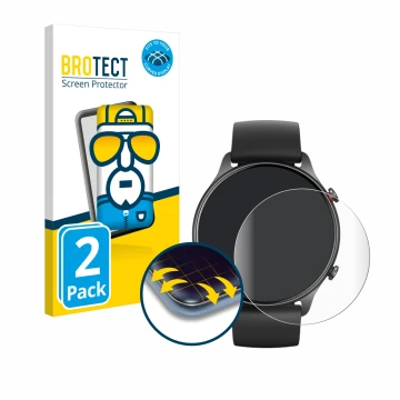 Face avant d’un emballage produit avec le logo de la marque BROTECT. À côté, l’appareil Huami Amazfit GTR 2e est représenté av