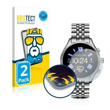 Face avant d’un emballage produit avec le logo de la marque BROTECT. À côté, l’appareil Michael Kors Access Gen 5 Lexington es