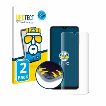 Face avant d’un emballage produit avec le logo de la marque BROTECT. À côté, l’appareil Samsung Galaxy A32 5G est représenté a