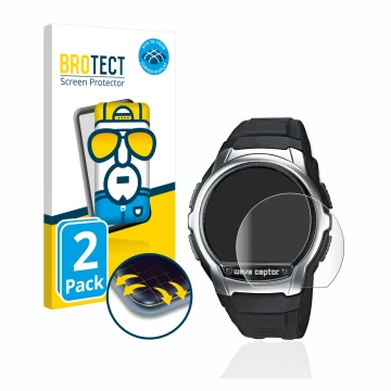 Face avant d’un emballage produit avec le logo de la marque BROTECT. À côté, l’appareil Casio Wave Ceptor WV-58 est représenté