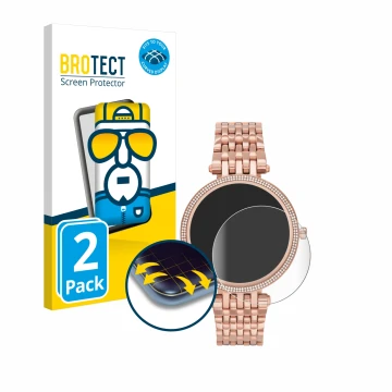 Face avant d’un emballage produit avec le logo de la marque BROTECT. À côté, l’appareil Michael Kors Access Darci Gen 5E est r