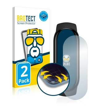 Face avant d’un emballage produit avec le logo de la marque BROTECT. À côté, l’appareil Xiaomi Mi Band 6 est représenté avec l