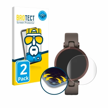 Face avant d’un emballage produit avec le logo de la marque BROTECT. À côté, l’appareil Garmin Lily est représenté avec la pro