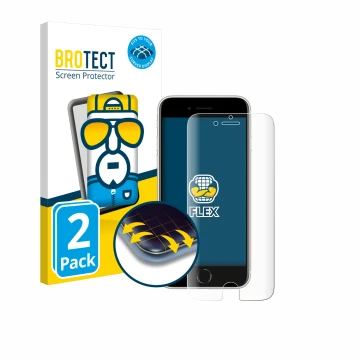 Face avant d’un emballage produit avec le logo de la marque BROTECT. À côté, l’appareil Apple iPhone SE 3 2022 est représenté 