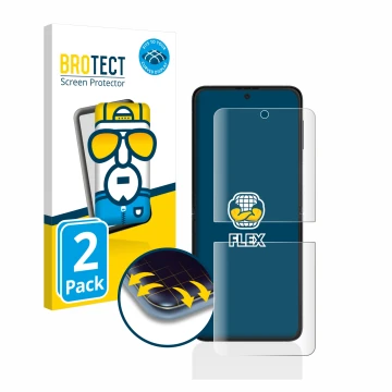 Face avant d’un emballage produit avec le logo de la marque BROTECT. À côté, l’appareil Samsung Galaxy Z Flip 3 5G est représe