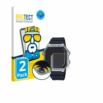 Face avant d’un emballage produit avec le logo de la marque BROTECT. À côté, l’appareil Casio AE-1200WH est représenté avec la