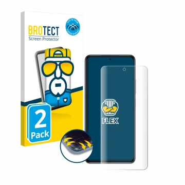 Face avant d’un emballage produit avec le logo de la marque BROTECT. À côté, l’appareil Xiaomi Poco F3 est représenté avec la 