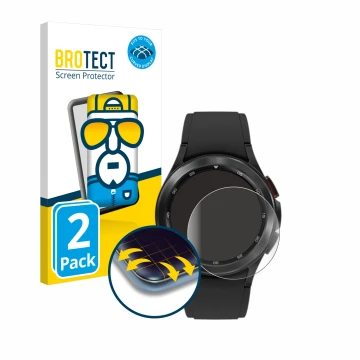Face avant d’un emballage produit avec le logo de la marque BROTECT. À côté, l’appareil Samsung Galaxy Watch 4 Classic (42mm) 