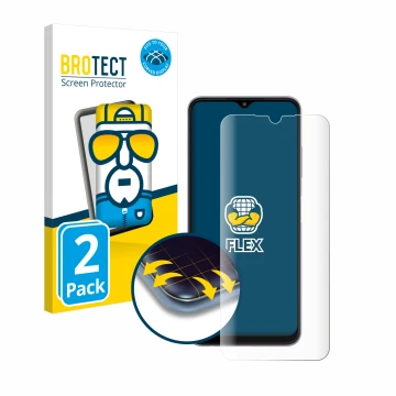 Face avant d’un emballage produit avec le logo de la marque BROTECT. À côté, l’appareil Samsung Galaxy A22 5G est représenté a