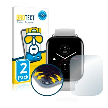 Face avant d’un emballage produit avec le logo de la marque BROTECT. À côté, l’appareil Huami Amazfit Zepp E Square est représ