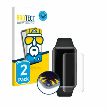Face avant d’un emballage produit avec le logo de la marque BROTECT. À côté, l’appareil Huawei Band 6 est représenté avec la p