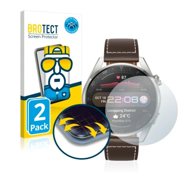 Face avant d’un emballage produit avec le logo de la marque BROTECT. À côté, l’appareil Huawei Watch 3 Pro est représenté avec