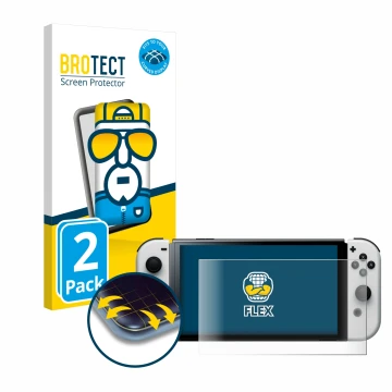 Face avant d’un emballage produit avec le logo de la marque BROTECT. À côté, l’appareil Nintendo Switch OLED-Modell est représ