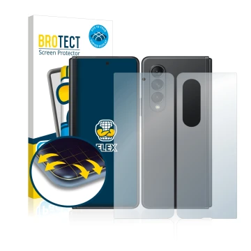 Face avant d’un emballage produit avec le logo de la marque BROTECT. À côté, l’appareil Samsung Galaxy Z Fold 3 5G (Avant+Arri