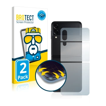 Face avant d’un emballage produit avec le logo de la marque BROTECT. À côté, l’appareil Samsung Galaxy Z Flip 3 5G (Arrière) e