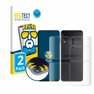 Face avant d’un emballage produit avec le logo de la marque BROTECT. À côté, l’appareil Samsung Galaxy Z Flip 3 5G (Avant+Arri