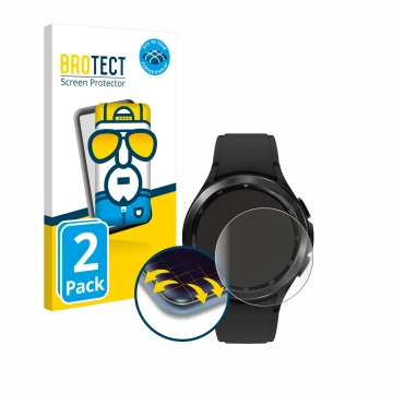 Face avant d’un emballage produit avec le logo de la marque BROTECT. À côté, l’appareil Samsung Galaxy Watch 4 Classic (46mm) 