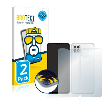 Face avant d’un emballage produit avec le logo de la marque BROTECT. À côté, l’appareil Samsung Galaxy A22 5G (Avant+Arrière) 
