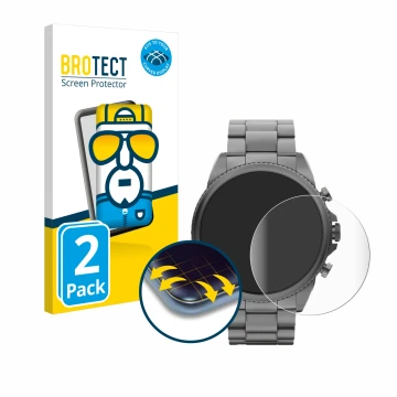 Face avant d’un emballage produit avec le logo de la marque BROTECT. À côté, l’appareil Fossil Gen 6 (44mm) est représenté ave