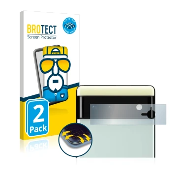 Face avant d’un emballage produit avec le logo de la marque BROTECT. À côté, l’appareil Google Pixel 6 (Caméra UNIQUEMENT) est