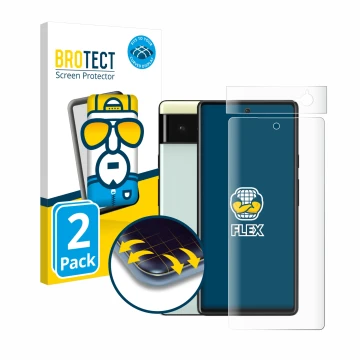 Face avant d’un emballage produit avec le logo de la marque BROTECT. À côté, l’appareil Google Pixel 6 (Avant+Caméra) est repr